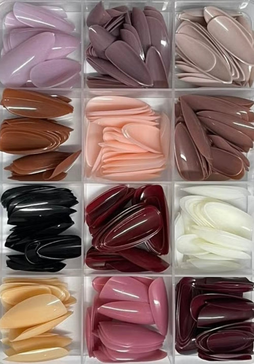 144Pcs Glossy Press On Nails, 12 Colors Coffin Fake Nails Full Cover Short Nail Oval Shape False Nails Artificial Fingernails for Women Girls